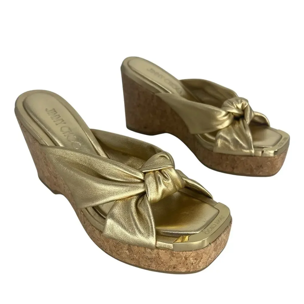 Jimmy Choo Avenue‎ Metallic Leather Cork Wedge Sandals Gold 37